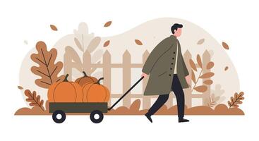 Man pulling cart with pumpkins through autumn garden in flat minimal illustration vector