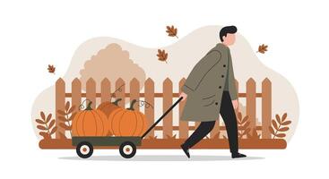 Man pulling a cart with pumpkins in autumn setting minimalist flat design illustration vector