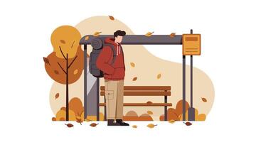 Young man wearing a red jacket standing at an autumn bus stop with falling leaves in a flat style illustration vector