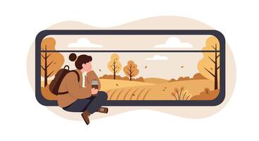 Young man with backpack sitting by large window viewing autumn landscape in flat minimal illustration vector