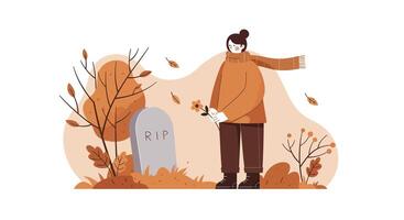 Person in autumn attire standing beside a gravestone with falling leaves flat minimal illustration vector