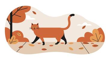 Red and black cat walking through autumn leaves with minimal flat design and warm fall colors illustration vector