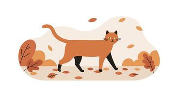Siamese cat with dark paws walking through autumn leaves in flat minimal style illustration vector
