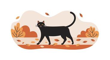 Black cat walking in autumn landscape with falling leaves in flat minimal illustration vector