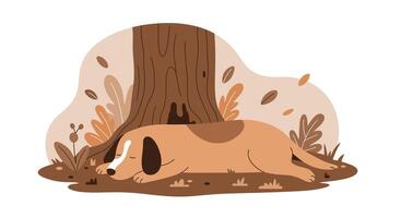 Brown dog resting peacefully under tree with autumn leaves in flat minimal style illustration vector