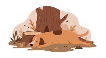 Sleeping brown dog resting under tree with autumn foliage in flat minimal art vector