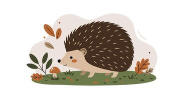 Cute small brown hedgehog walking on green grass with autumn leaves in flat minimalist style illustration vector