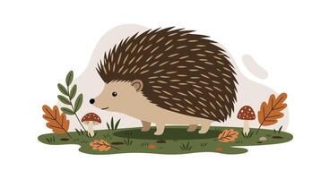 Hedgehog walking on grass surrounded by autumn leaves and mushrooms flat minimal illustration vector