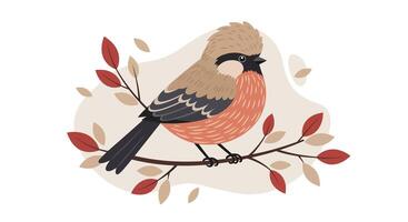 Small colorful bird perched on leafy branch with autumn tones in flat design style illustration vector