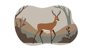 Deer with antlers walking in a minimal flat forest scene with muted colors and bare trees illustration vector