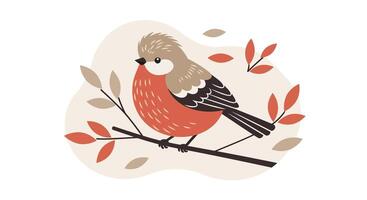 Small bird perched on branch with autumn leaves in flat minimal illustration vector