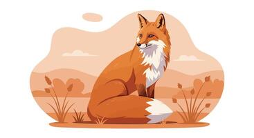 Red fox sitting calmly in natural grassland with warm tones minimal flat design illustration vector