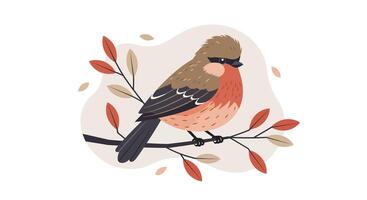 Small colorful bird perched on leafy branch in flat minimal style autumn nature illustration vector
