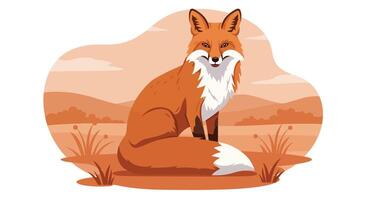 Red fox sitting calmly with fluffy tail in natural flat design style illustration vector