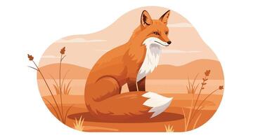 Red fox sitting calmly in a dry grass field with minimal flat design and warm earthy tones illustration vector