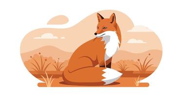 Red fox sitting calmly in natural landscape with flat minimal design style illustration vector