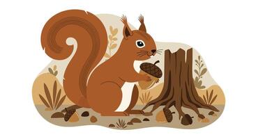 Red squirrel holding pine cone in flat woodland setting with tree stump and autumn leaves illustration vector