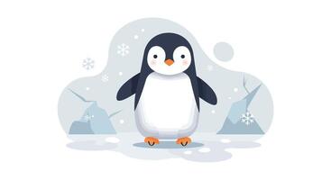 Cute penguin standing on icy ground with snowflakes falling and icebergs in background flat minimalist illustration vector