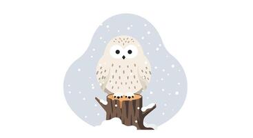 Snowy owl perched on tree stump with falling snowflakes in minimal flat design winter illustration vector