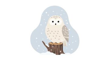 Snowy owl perched on tree stump in flat minimal style with winter snowflakes illustration vector