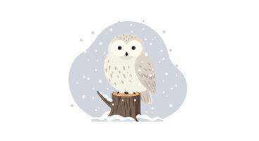 White snowy owl perched on tree stump in winter scene with snowflakes falling flat design illustration vector