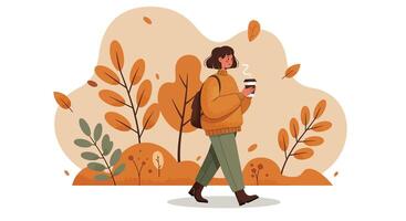 Young man walking outdoors with coffee cup in autumn nature flat design illustration vector