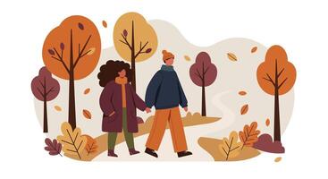 Couple walking through autumn park with colorful trees and falling leaves in flat design illustration vector