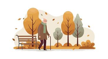 Elderly man walking with cane in autumn park surrounded by colorful trees flat minimal illustration vector
