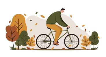 Man riding bicycle through autumn trees with falling leaves flat minimal illustration vector