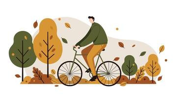Man riding bicycle through autumn park with falling leaves flat minimal illustration vector
