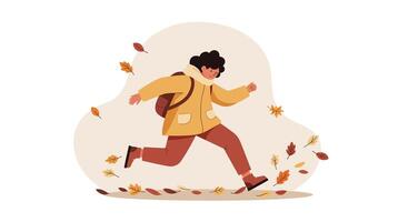 Young boy running outdoors in autumn with backpack and yellow jacket minimal flat style illustration vector