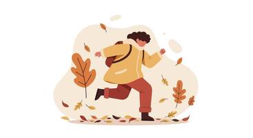 Young man running through autumn leaves with backpack in minimal flat style illustration vector
