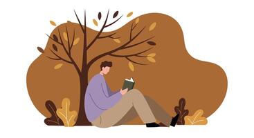 Young man sitting under bare autumn tree reading book in minimal flat design illustration vector