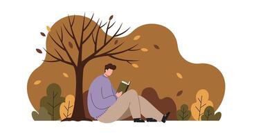 Young man reading book under bare tree in autumn park flat minimal illustration vector