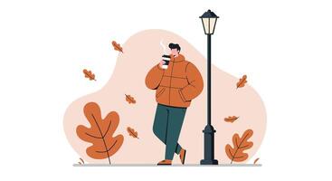 Young man in orange jacket drinking coffee near street lamp with autumn leaves falling flat minimal illustration vector