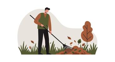 Man raking autumn leaves in casual clothing flat design with fall tree and grass illustration vector