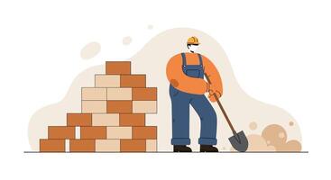 Construction worker wearing helmet and overalls digging near stacked brown boxes in flat minimal art vector