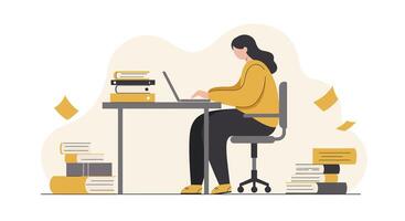 Woman working on laptop at desk with books scattered around in flat modern minimal illustration vector