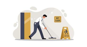 Man cleaning wet floor near elevator in minimal flat design style illustration vector