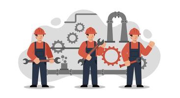 Three industrial workers with tools and helmets fixing mechanical gears in flat style illustration vector