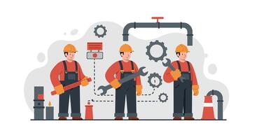 Three factory workers in orange helmets and overalls holding tools with mechanical gears and pipes in flat design illustration vector