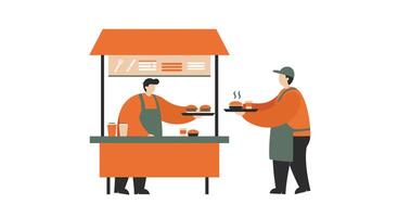 Street food vendor serving fresh hot burgers to a customer in flat minimal style illustration vector