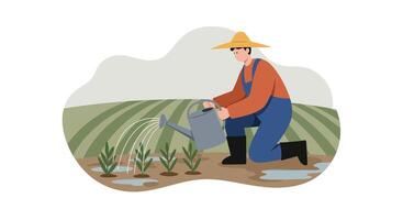 Farmer in wide brim hat watering young plants in field with flat minimal style illustration vector
