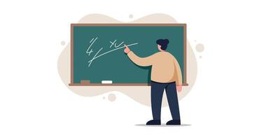 Teacher explaining mathematical formulas on chalkboard in minimal flat style illustration vector