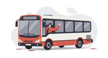 Public transportation bus with driver waving in flat minimal design style illustration vector