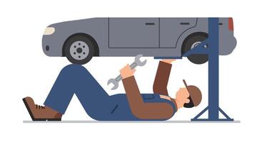 Mechanic repairing car under vehicle in flat design style with tools and workshop illustration vector