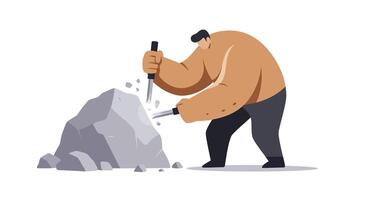 Strong man chiseling large gray rock with hammer and chisel in simple flat design illustration vector