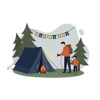 Father and child camping together in forest with tent and campfire flat design illustration vector