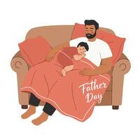 Father and child cuddling on sofa with warm blanket in cozy minimal flat design illustration vector