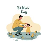 Father helping toddler learn to walk in playful indoor setting flat design illustration vector